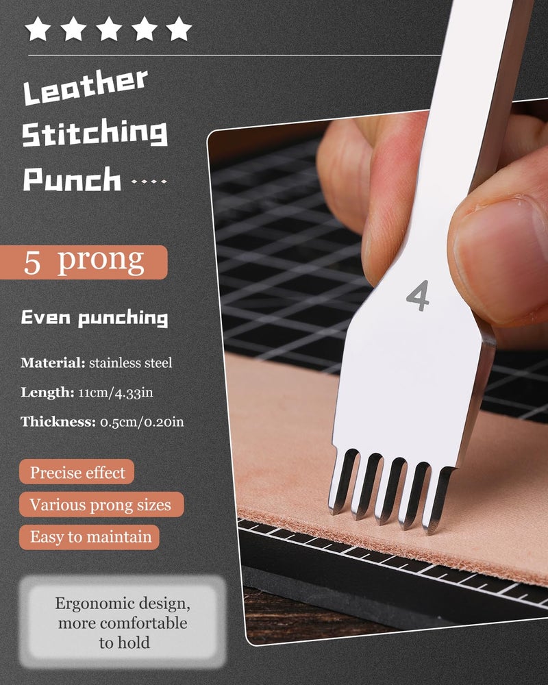 FOUSNOW 5 Prong Leather Hole Punch, 4mm Leather Stitching Punch Lacing Stitching Chisel, Prong Punching Tool Diamond Chisel Tools for Crafts - Image 2